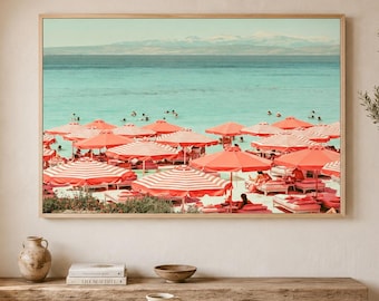 Koraalparaplu Riviera-print, mediterrane strandclubkunst, decor kustresort