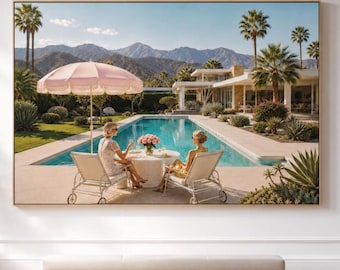 Villaparaplu aan het zwembad, muurkunst roze Riviera, decor mediterraan resort