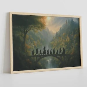 Impression d&#39;art sur toile Fantasy Fellowship, illustration des anneaux de pouvoir enchanteurs, cadeau d&#39;anniversaire, peinture elfique mystique