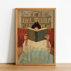 Woman Reading in Bed Art Print: Retro Library Decor (Digital Download 39x56 JPEG File)