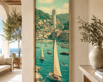 Havenprint Franse Rivièra, vintage zeilboot kunst aan de muur, decor mediterrane kust