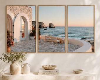 Drieluik mediterrane boog, canvasset oceaanzicht, decor villa kust