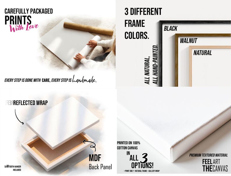 May include: Image showcasing art prints with the text "CAREFULLY PACKAGED PRINTS With Love." It highlights three frame color options: black, walnut, and natural. The prints are made of 100% cotton canvas with a premium textured material. The back panel is MDF.