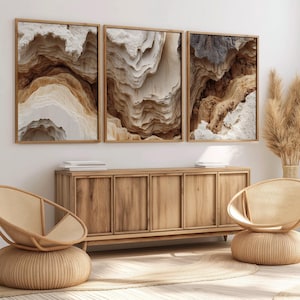 Travertine Canyon Wall Art Set, Neutral Organic Modern Canvas, Luxury Layered Terrain Triptych