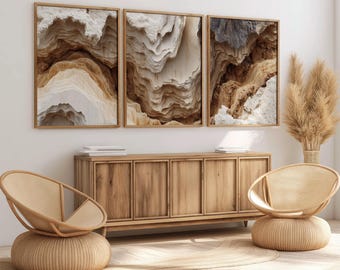 Travertine Canyon Wall Art Set, Neutral Organic Modern Canvas, Luxury Layered Terrain Triptych