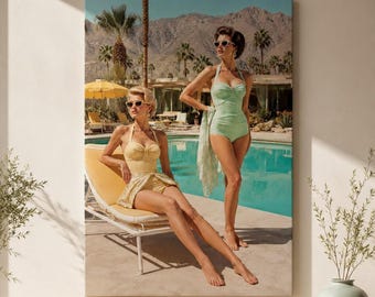 Muurdecoratie bij het zwembad in Palm Springs, vintage resort canvasprint met damesmotief