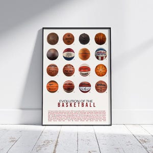 Puede incluir: Impresión enmarcada que muestra la evolución del baloncesto. La imagen muestra 16 diseños de balones de baloncesto diferentes, cada uno con distintos colores y patrones, dispuestos en una cuadrícula. El texto en la parte inferior dice "Evolution of the Basketball".
