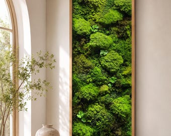 Canvasprint met verticaal moseffect, biofiele groene muurkunst, smal organisch modern decor