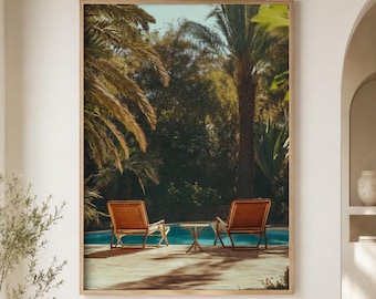 Tropische zwembad muurdecoratie, canvasprint met palmboom voor een rustgevende slaapkamerinrichting