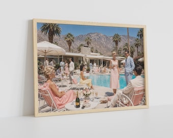 Vintage resort muurdecoratie, Palm Springs zwembadfeest canvasprint