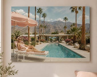 Muurdecoratie bij het zwembad in Palm Springs, vintage resort canvasprint
