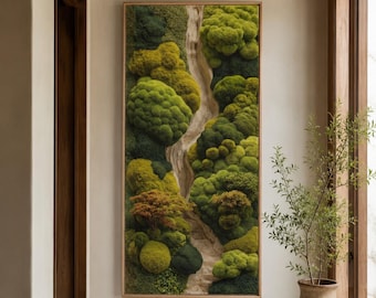 Verticaal canvas met moseffect, smalle groene muurkunst, bedrukt biofiel decor