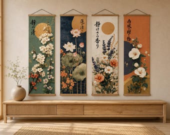 Set van 4 Japanse botanische canvasdoeken, Sakura, Lotus, Hibiscus en wilde bloemen als wanddecoratie.