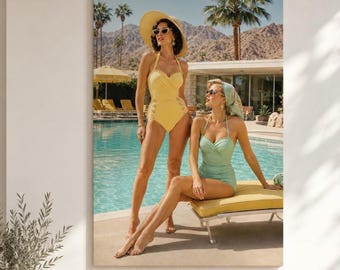 Retro Palm Springs zwembad muurdecoratie, vintage resort canvasprint
