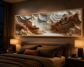 Biologische canvasafdruk met panoramapanorama, gelaagde abstracte muurkunst in aardetinten