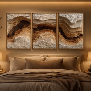 Organic Canyon Triptych Wall Art, Neutral Earth Tone Abstract Canvas, Layered Stone Look