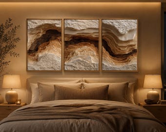 Organic Canyon Triptych Wall Art, Neutral Earth Tone Abstract Canvas, Layered Stone Look