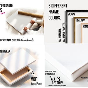 May include: Image showcasing art prints with the text "CAREFULLY PACKAGED PRINTS With Love." It highlights three frame color options: black, walnut, and natural. The prints are made of 100% cotton canvas with a premium textured material. The back panel is MDF.