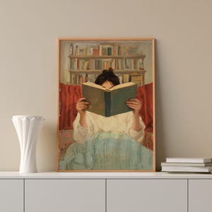 Woman Reading in Bed Poster, Book Lover Wall Art Print, Reading Nook Library Decor, Whimsical Retro Girly Poster, Cozy Bedroom Art