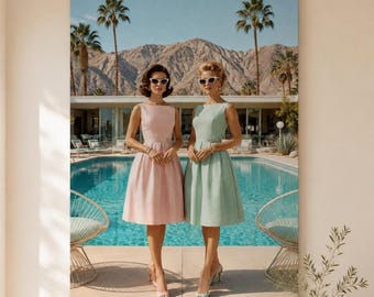 Muurdecoratie Palm Springs, retro canvasprint met vrouwenmotief