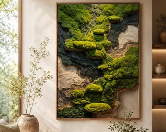 Mosgroene abstracte muurkunst, biofiele canvasprint, organisch modern decor