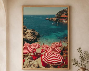 Italiaanse strandclubprint, rode paraplu-rivièrakunst, muurdecoratie kustzomer