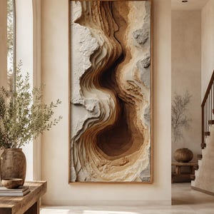Travertin Canyon verticale muurkunst, neutraal organisch abstract canvas, Japandi Wabi Sabi Decor