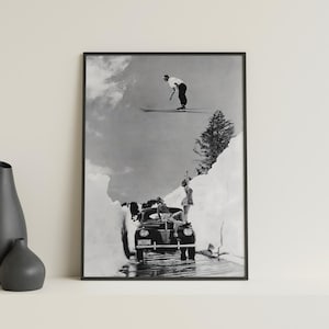 Vintage Skiing Photo Print, Retro Black and White Wall Art (Digital Download)