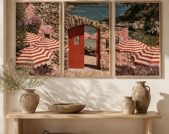 Riviera Beach Club galeriewandset, mediterrane parasolprints, kustdecor