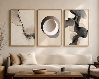 Beige abstract canvastrio, Japandi moderne galeriewanddecoratieset