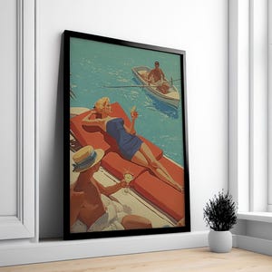 Plakat z opalającą się kobietą w stylu vintage: modny wydruk plażowy w stylu retro