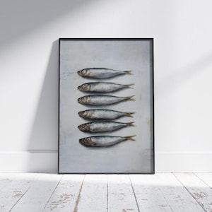 Sardines Art Print - Vintage Oil Painting Style, Kitchen Wall Decor, Seafood Lover Gift, Coastal Nautical Art, Realistic Fish Still Life