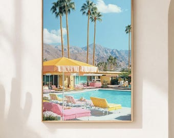 Muurdecoratie voor bij het zwembad in Palm Springs, kleurrijke retro canvasprint voor zomerse decoratie.