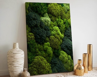 Muurkunst slaapkamer met moseffect, kalmgroen canvas, organisch spadecor