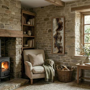 May include: A cozy living room scene with a stone fireplace, wooden bookshelf, and a comfortable armchair. A woven basket holds firewood, and a framed abstract artwork hangs on the stone wall. A green blanket drapes over the chair.