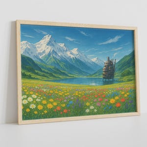May include: A framed art print depicting a scenic landscape with snow-covered mountains, a lake, and a meadow of colourful wildflowers. A whimsical castle is on the lake. The artwork is set under a bright blue sky.