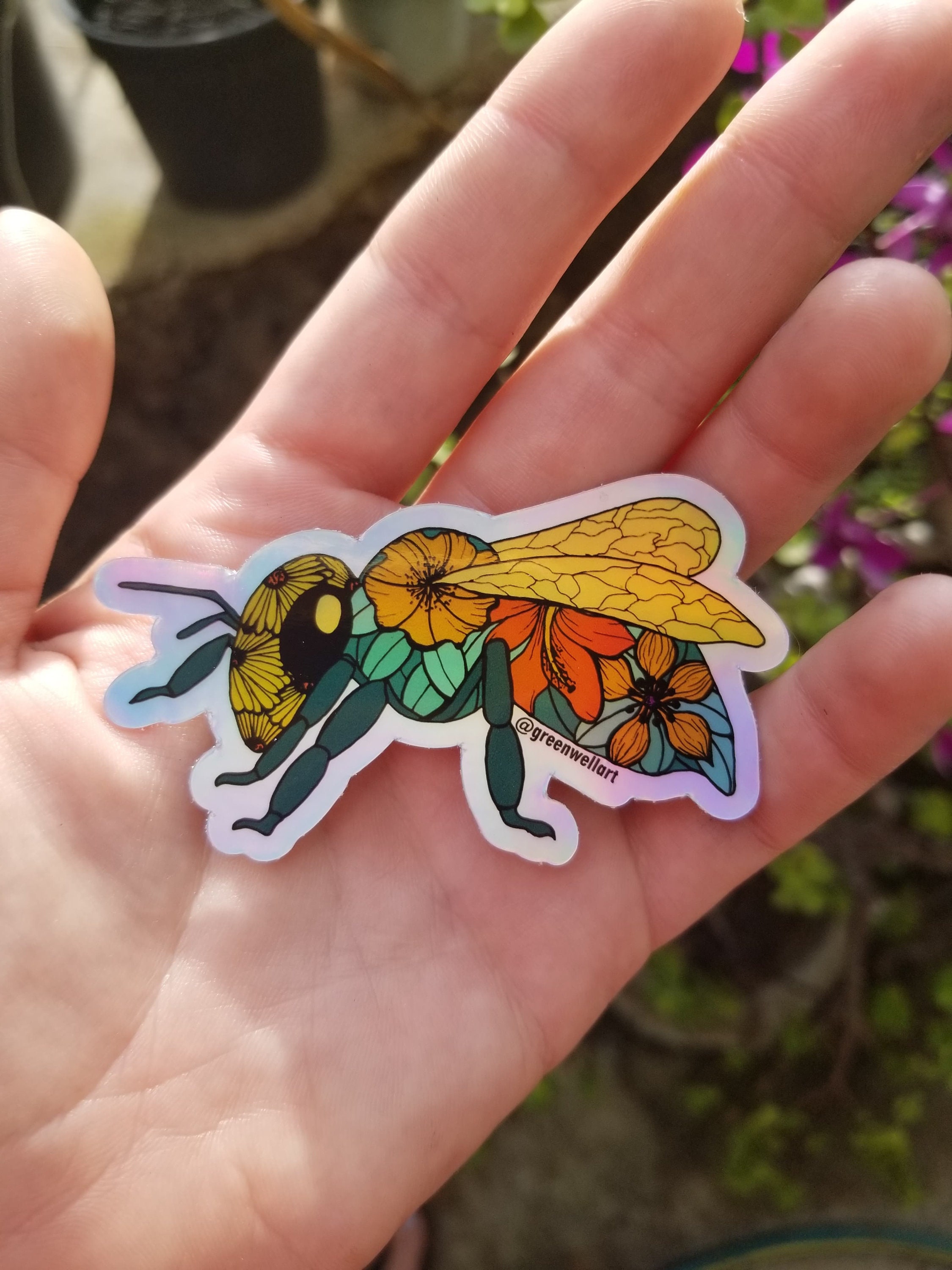 Holographic Honey Bee Sticker: Floral Laptop Decal, UV & Water ...