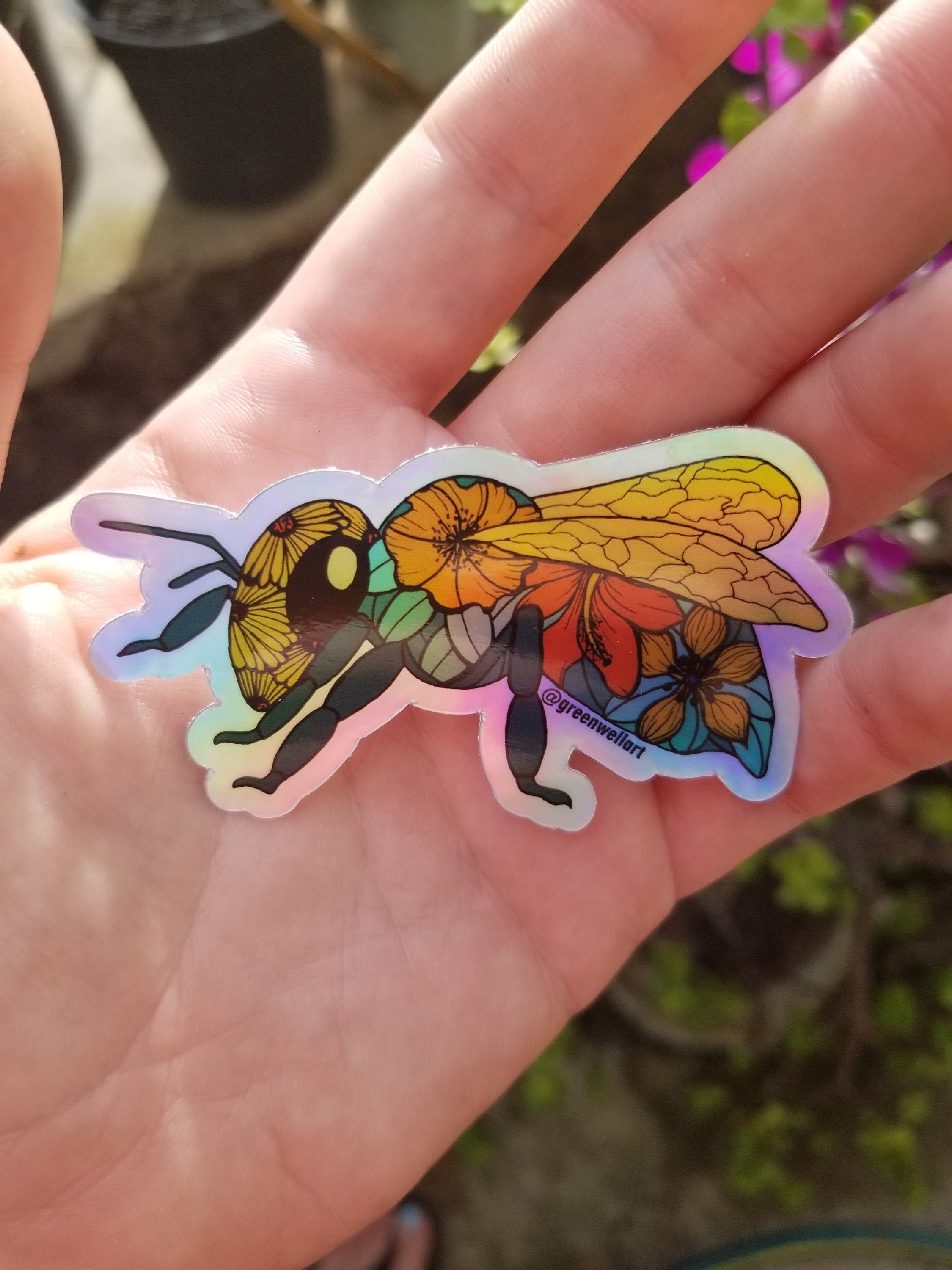 Holographic Honey Bee Sticker: Floral Laptop Decal, UV & Water ...