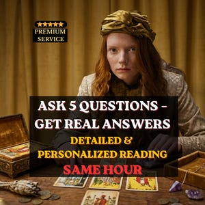 Puede incluir: Imagen que promociona un servicio premium con una mujer, cartas del tarot, velas y un cofre del tesoro. El texto dice: "HAZ 5 PREGUNTAS - OBTÉN RESPUESTAS REALES - LECTURA DETALLADA Y PERSONALIZADA - MISMA HORA."