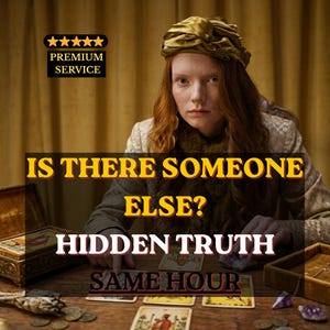Può includere: Una donna dai capelli rossi con un copricapo dorato è seduta a un tavolo con carte dei tarocchi. Il testo "IS THERE SOMEONE ELSE? HIDDEN TRUTH SAME HOUR" è visualizzato. È visibile anche una scatola con carte e candele accese.