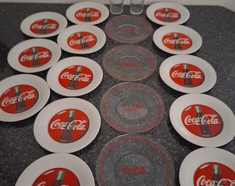 Set di piatti e bicchieri vintage Coca-Cola / Decorazione Gibson Diner del 1996