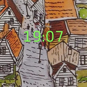 以下が含まれることがあります： 家、通り、人物が描かれた村の風景の水彩画。時刻は8月11日の19時07分です。Etsyアプリのアイコンが表示されています。
