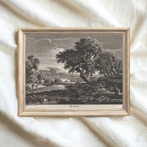 May include: A framed monochrome landscape print depicting trees, water, and a building in the distance. The print is in a light wood frame. The word "Storm" is printed at the bottom of the image.