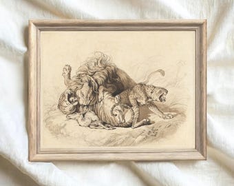 Antique Lion, Leopard & Tiger Drawing: 1822 Animal Sketch Art Print (Digital Download)
