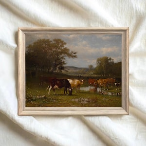 Antique Pastoral Cow Print – Digital Download of Vintage Farm Landscape Painting – Rustic Countryside Wall Art, 19th Century Cattle Scene