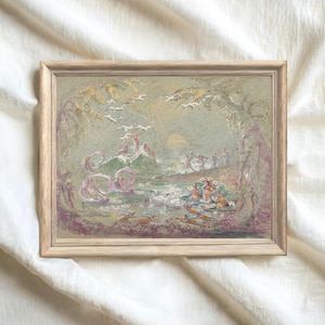Antique Fairy Lake Fantasy Fine Art Print, Classical Artwork Mythical Swans & Nymphs, Magical Landscape Digital Art Download,  Instant Print