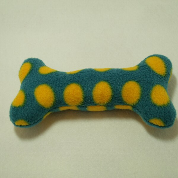 Dog toy - yellow polka dots on dark turquoise fleece bone with squeaker