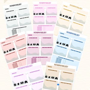 May include: A collection of Pathophysiology Diseases Template study sheets in various pastel colors. Each sheet features sections for disease, system impacted, pathophysiology, cause and risk factors, signs and symptoms, and lab values and diagnostic tests.