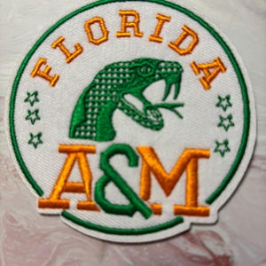 Puede incluir: Un parche bordado circular con fondo blanco y borde verde. Presenta un gráfico de cabeza de serpiente verde, el texto naranja FLORIDA, el texto naranja y verde A&M, y tres pequeñas estrellas verdes a cada lado de la serpiente.