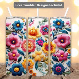 Mexican Embroidery Tumbler Wrap PNG | Colorful Mexico Flowers Sublimation Design | 20oz Skinny Tumbler Digital Download